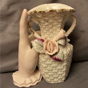 Vintage Ceramic Vase with Hand and Rose Design